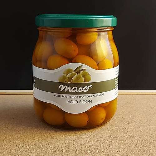 Aceitunas Mojo Picon 620g - Grüne Oliven mit leicht pikantem Mojo Picon Geschmack