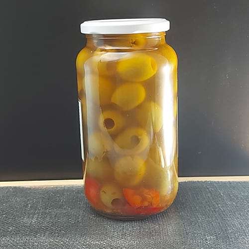 Preview: Aceitunas Gordal deshuesadas 900g - Entkernte grüne Gordal-Oliven Preview: Spanische Gordal Oliven entkernt hinten